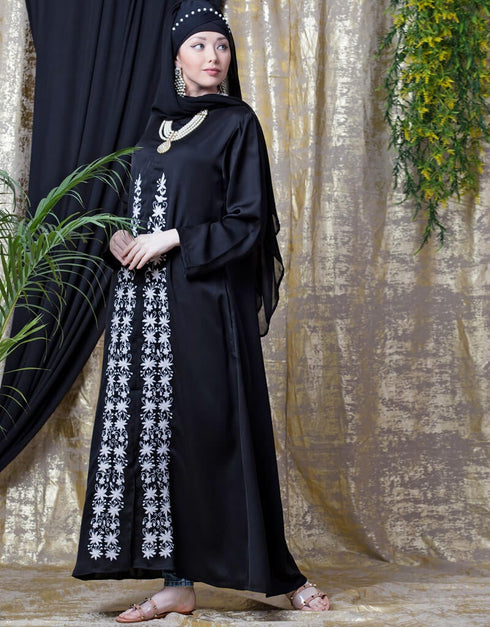 Dubai Front Embroidered Zip At Neck Nida Abaya White